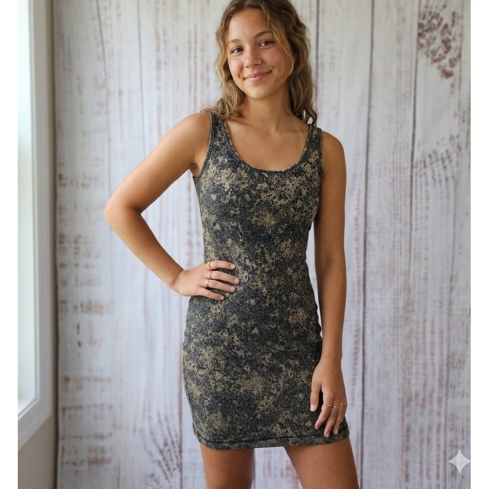 Peruvian Connection XS Black Damask Pima Cotton Jersey Tank‎ Mini Dress Bodycon
